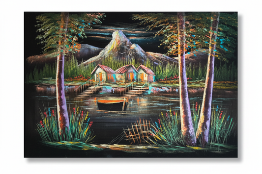 Mountain lake village canvas art on white background with shadow — clean product view