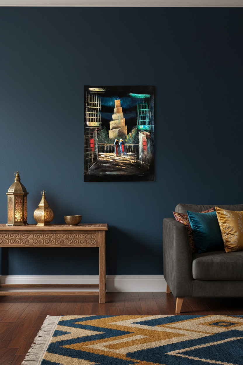 Malwiya spiral minaret Samarra canvas art hung on deep navy teal wall in elegant Iraqi Middle Eastern inspired living room lifestyle photo