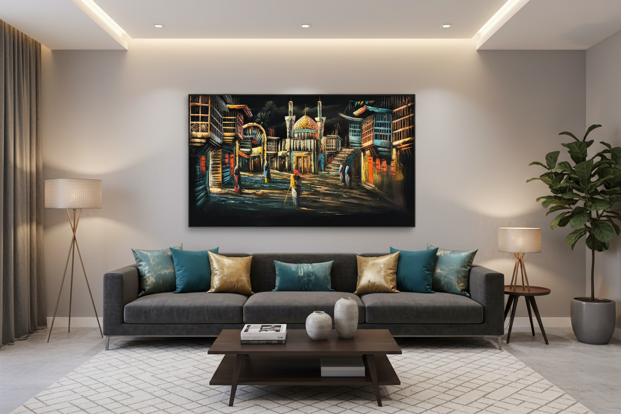 Iraqi Kadhimiya shrine bazaar night scene canvas wall art displayed in modern living room above sofa