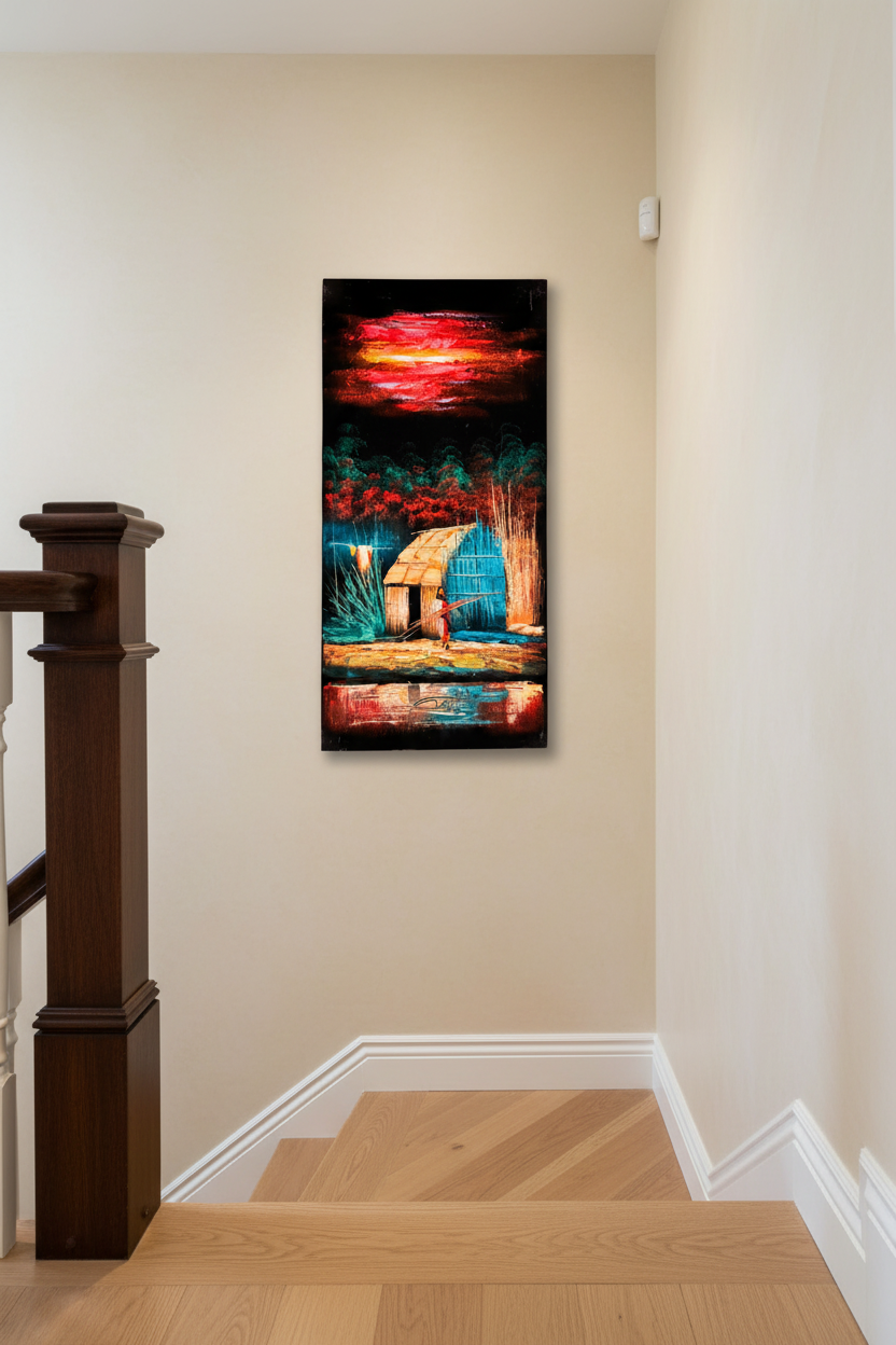 Tropical Village painting displayed in elegant staircase interior setting