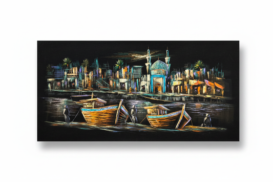 Middle Eastern harbor night scene with dhow boats canvas wall art on white background with shadow – 47x24 inches