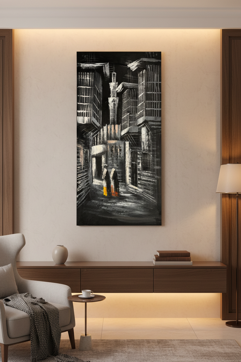Old City Alleyway painting displayed in luxury living room area setting
