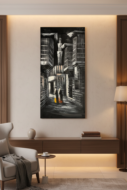 Old City Alleyway painting displayed in luxury living room area setting