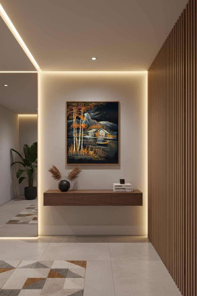 Mountain lakeside cabin night scene canvas art staged in a stylish home hallway