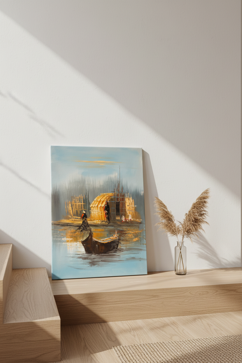 Oil painting leaning against wall near stairs in luxury home interior