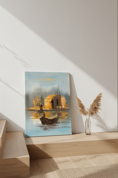 Oil painting leaning against wall near stairs in luxury home interior