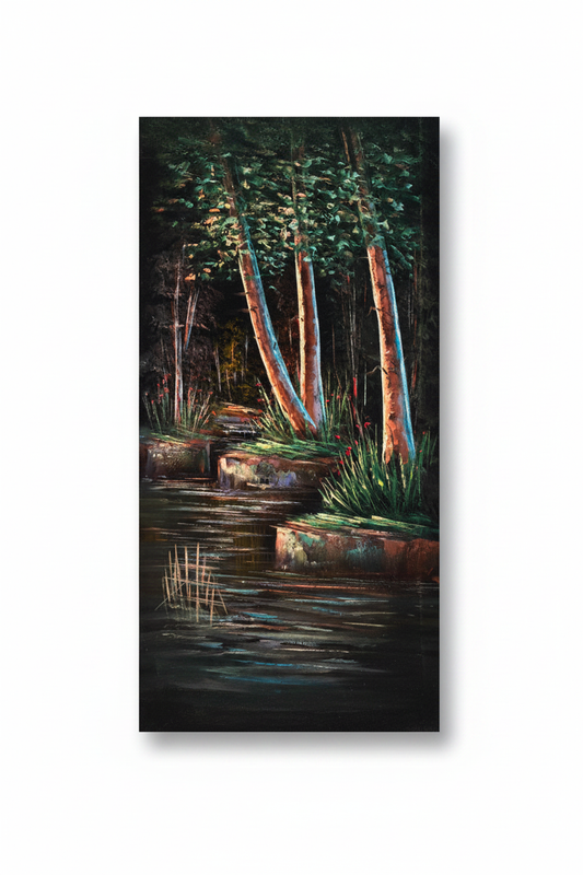 Original oil painting on white background with shadow – forest pond with luminous trees