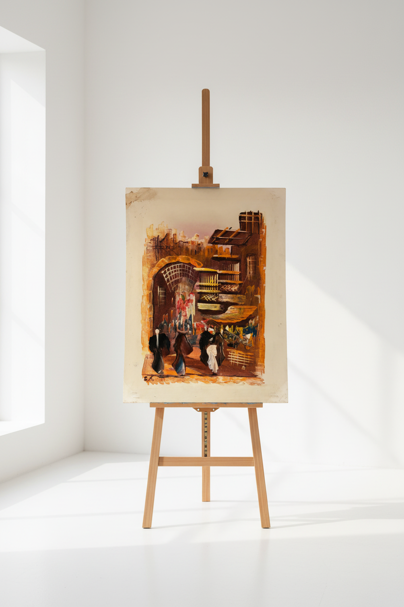 Bazaar painting displayed on wooden easel stand in minimalist studio