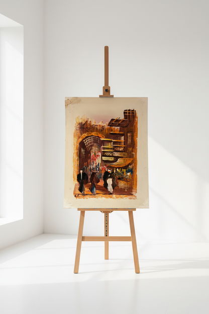Bazaar painting displayed on wooden easel stand in minimalist studio