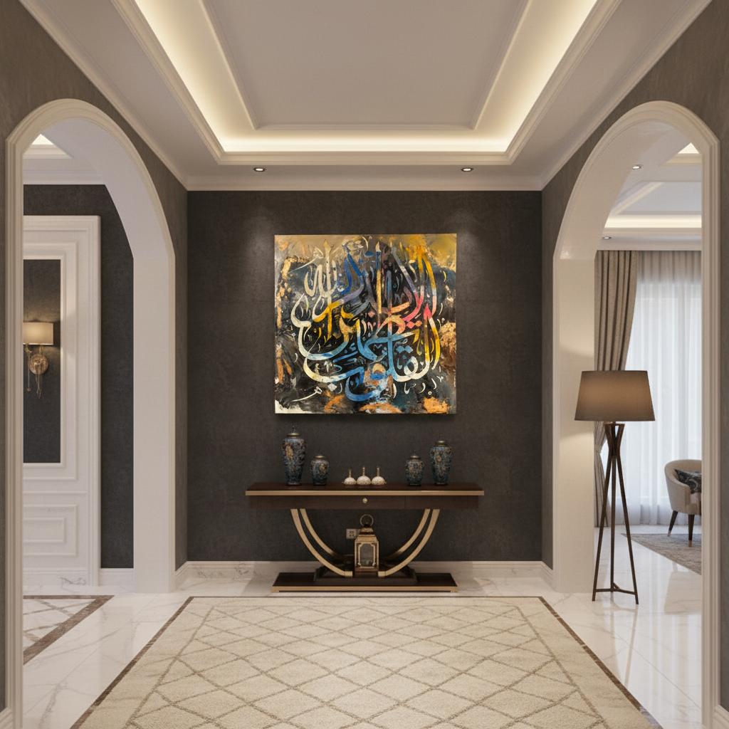 Frameless square Arabic calligraphy canvas art displayed in elegant hallway