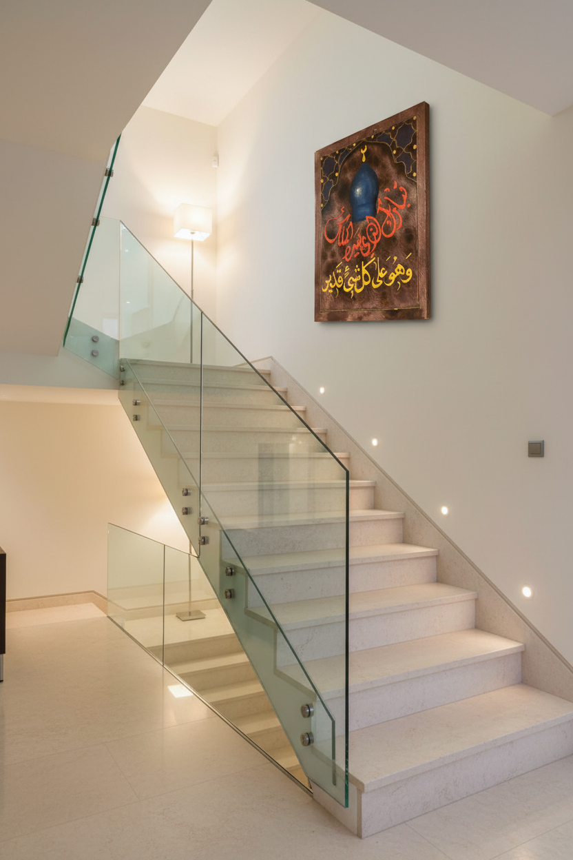 Wa Huwa Ala Kulli Shay'in Qadeer mosque dome calligraphy panel mounted on staircase wall in elegant home interior