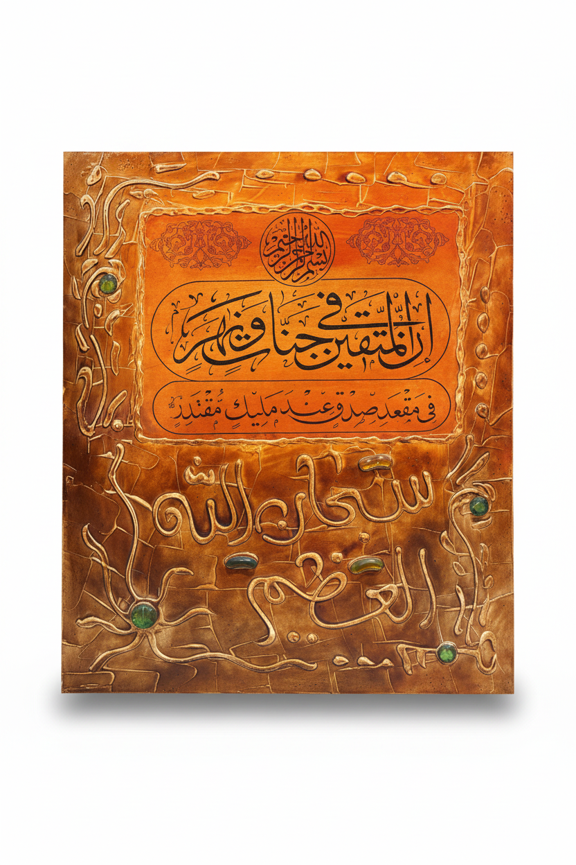 Subhanallah al-Azeem Quranic copper calligraphy panel on white background with shadow – 19.69 x 23.62 inches