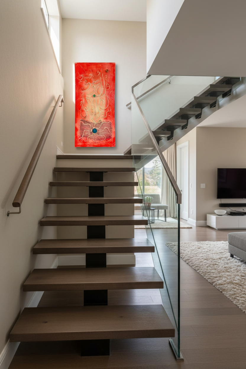 Islamic calligraphy red mixed media canvas on staircase wall
