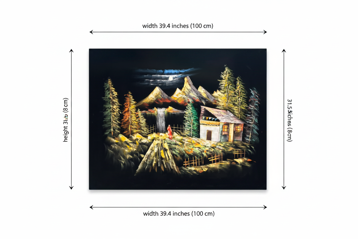 Dimension diagram for Moonlit Mountain Retreat oil painting — 39.4 inches wide by 31.5 inches tall (100cm x 80cm)