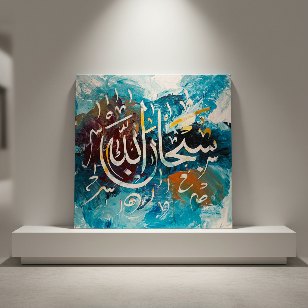 SubhanAllah ocean teal blue square canvas art 15.75x15.75 inches (40x40cm) on a minimalist stage area shelf, no frame