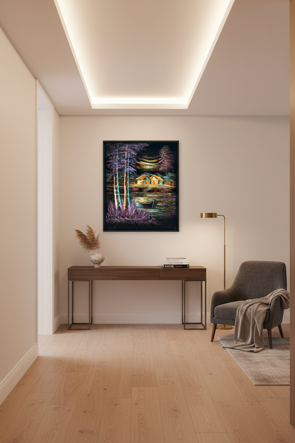 Tranquil lakeside village night scene canvas art staged in a stylish home hallway