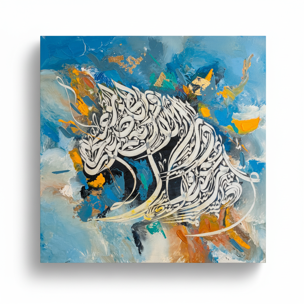 Arabic calligraphy square canvas art on white background with shadow, no frame – product shot