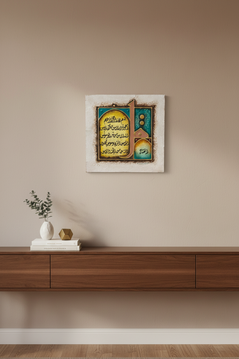 Surah Al-Nas Islamic calligraphy canvas displayed in modern living room above console table