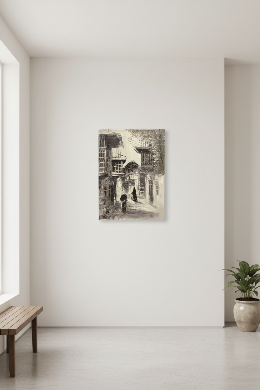 B&W old town alleyway oil painting hung on empty wall – frameless display