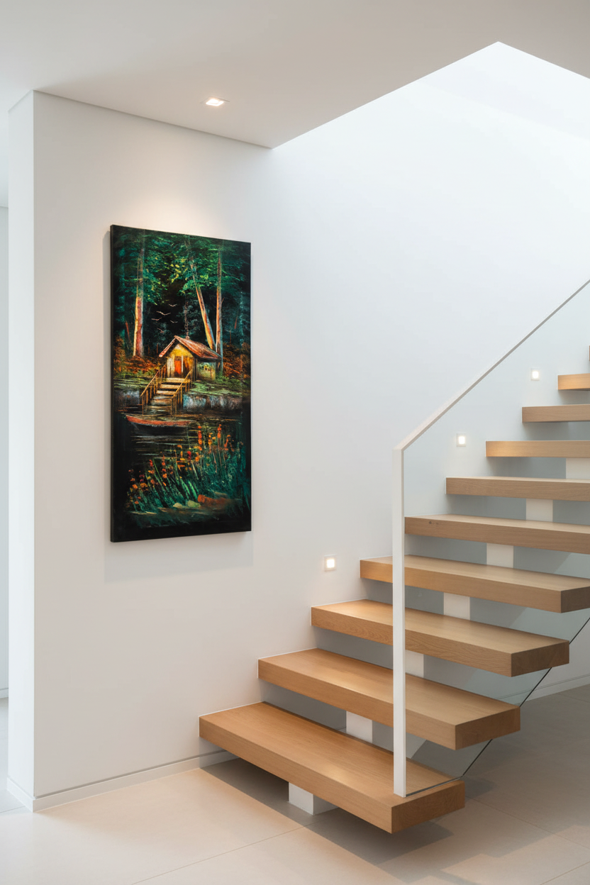Forest boathouse painting displayed on staircase wall in luxury home interior