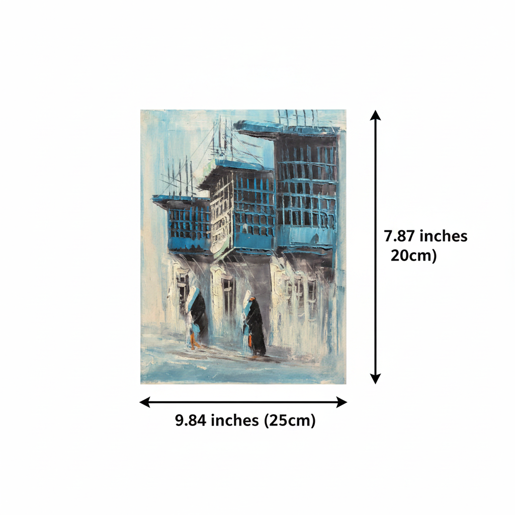 Dimension diagram: blue balconies old town street oil painting 9.84 inches wide by 7.87 inches tall on white background