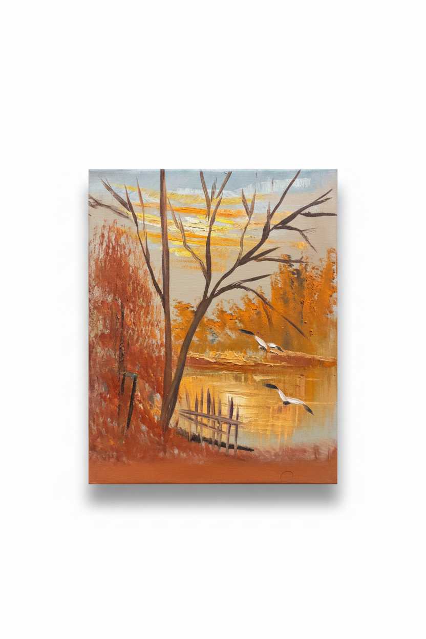 Autumn riverside cranes oil painting isolated on white background with soft drop shadow — no frame