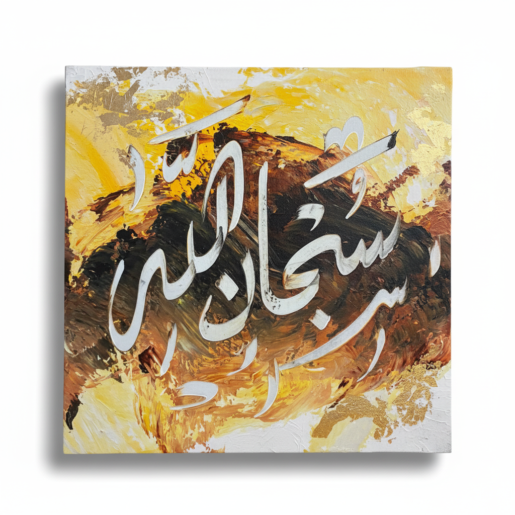 SubhanAllah golden fire calligraphy canvas isolated on white background with soft drop shadow