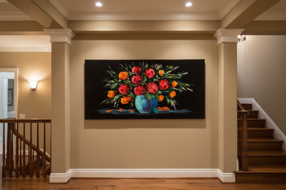 Red Orange Roses painting displayed in elegant staircase interior setting