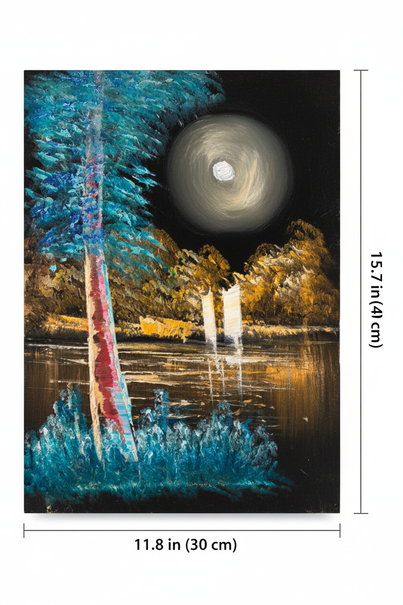 Giant full moon forest lake canvas art with dimensions 11.8 inches wide x 15.7 inches tall 30cm x 40cm