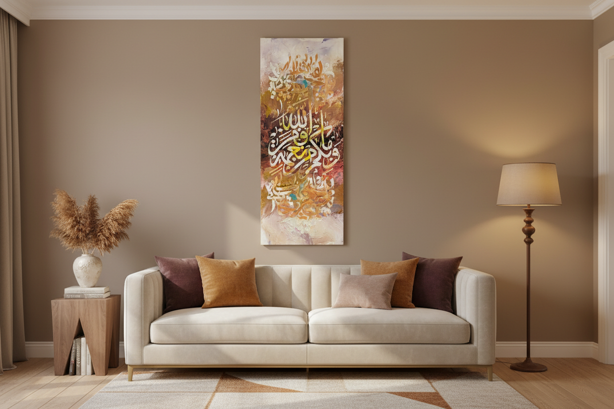 Subhanallah Wa Bihamdihi Islamic calligraphy canvas wall art displayed in a modern living room, no frame