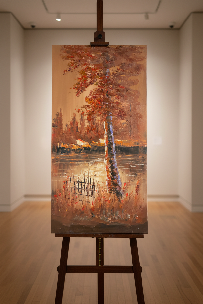 Autumn Solitude by the Lake oil painting displayed on art easel stand