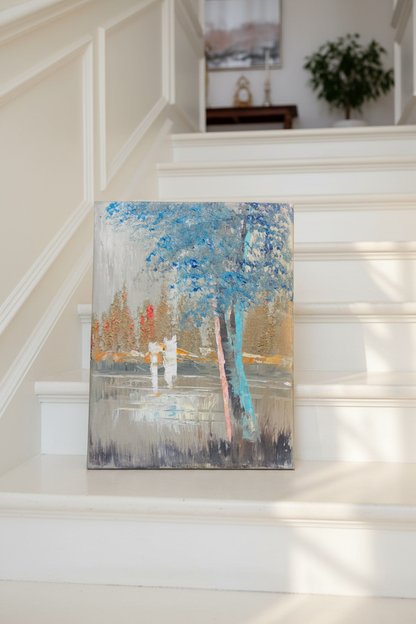 Original misty park teal tree impressionist oil painting leaning on marble staircase step in luxury home interior