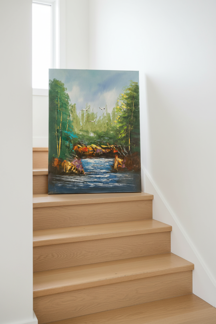 Forest river painting leaning against wall near stairs in luxury home interior