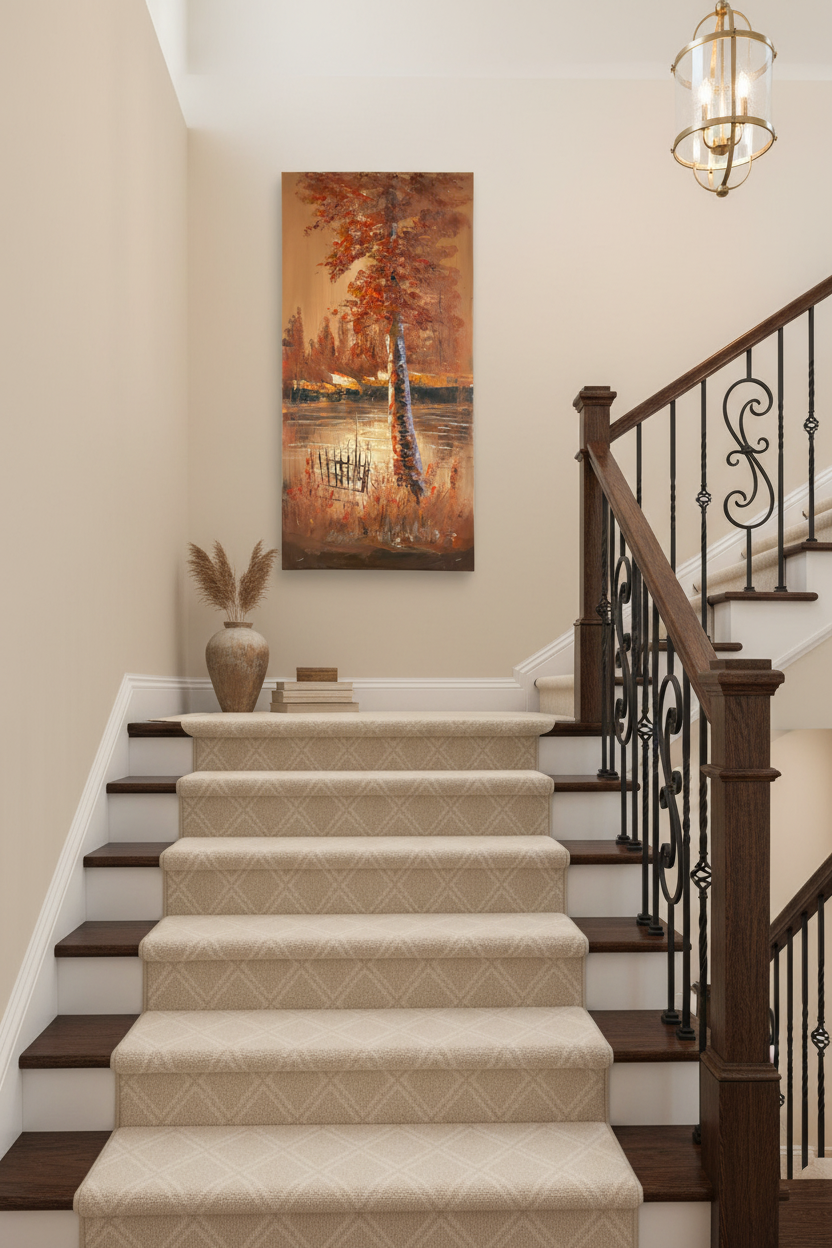 Autumn Solitude by the Lake oil painting mounted on staircase wall, no frame