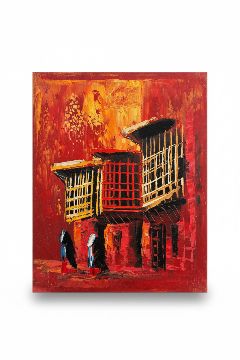 Red shanasheel building impasto oil painting isolated on white background with soft drop shadow — no frame