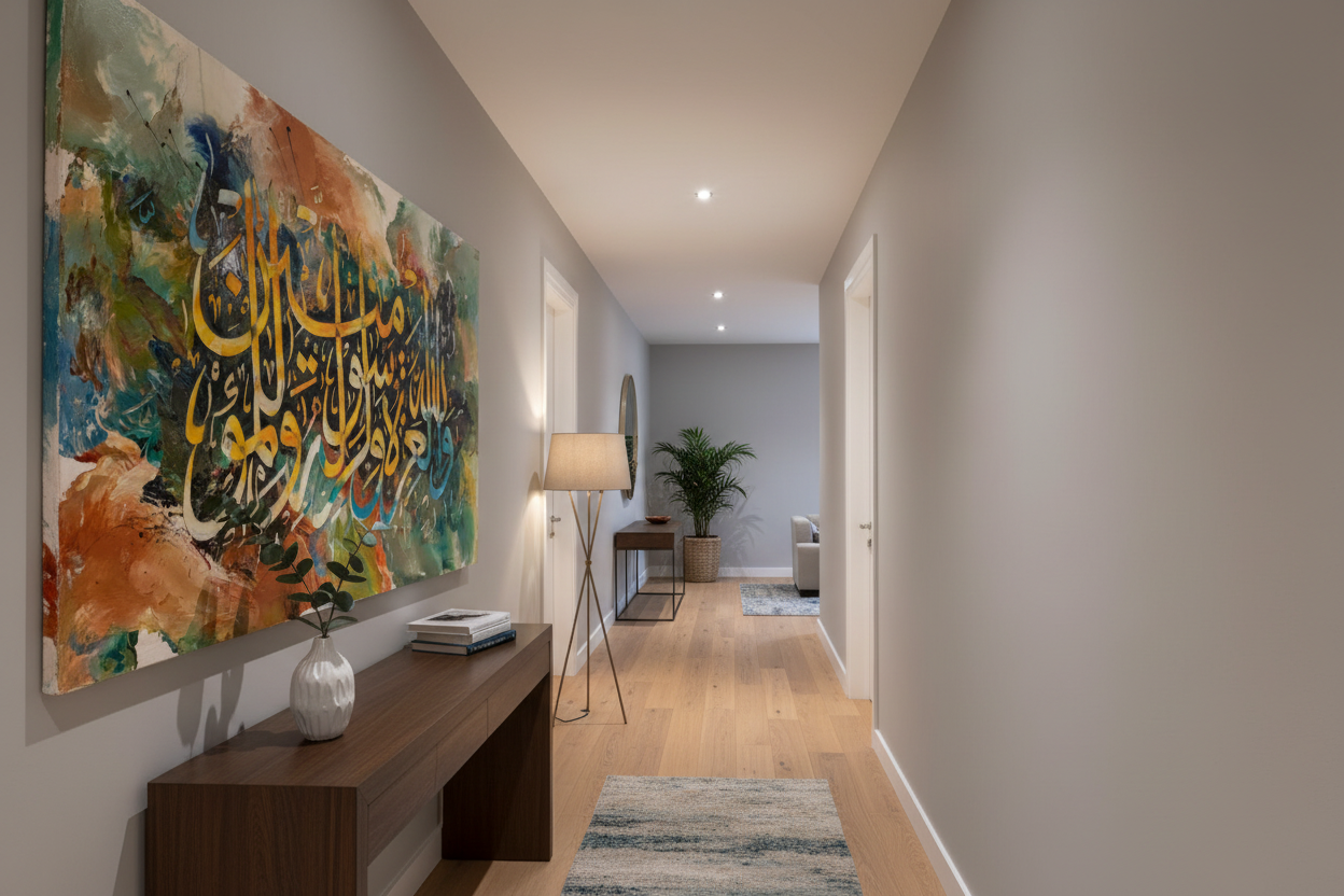 Wallahu Wa Rasuluhu canvas displayed in an elegant hallway