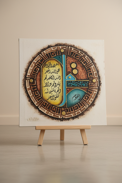 Islamic calligraphy canvas displayed on wooden art stand