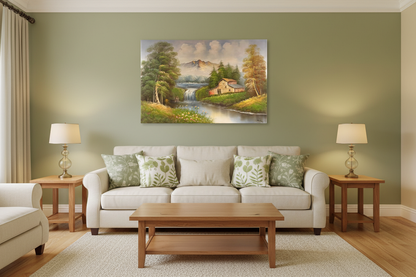 Original countryside mill waterfall oil painting hung unframed on wall in a cozy sage green family room at true scale 35.43 by 23.62 inches