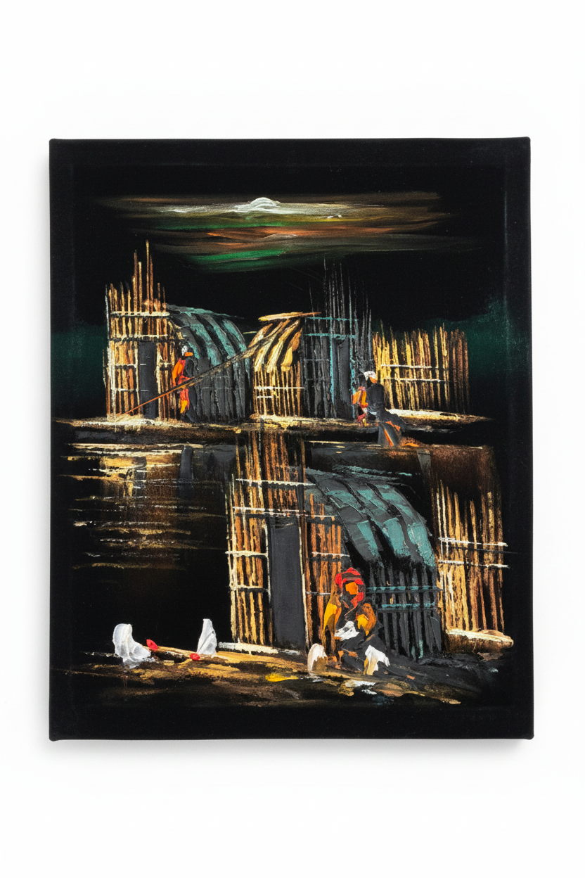 Marsh Builders at Night oil painting isolated on pure white background — clean studio product shot, no frame, portrait canvas