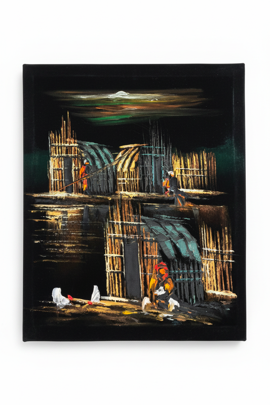 Marsh Builders at Night oil painting isolated on pure white background — clean studio product shot, no frame, portrait canvas