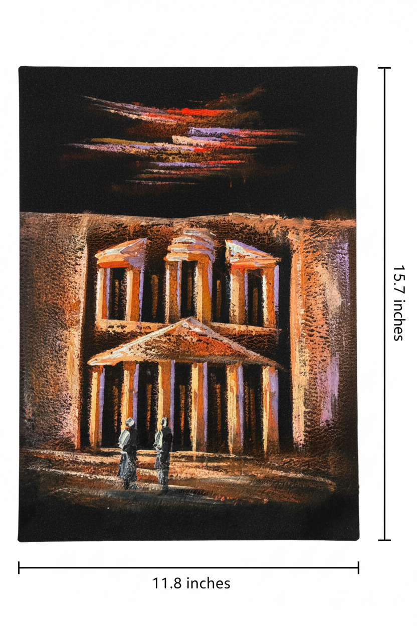 Petra's Treasury at Night oil painting flat lay with dimensions — 11.8 inches wide by 15.7 inches tall, 30x40cm portrait canvas