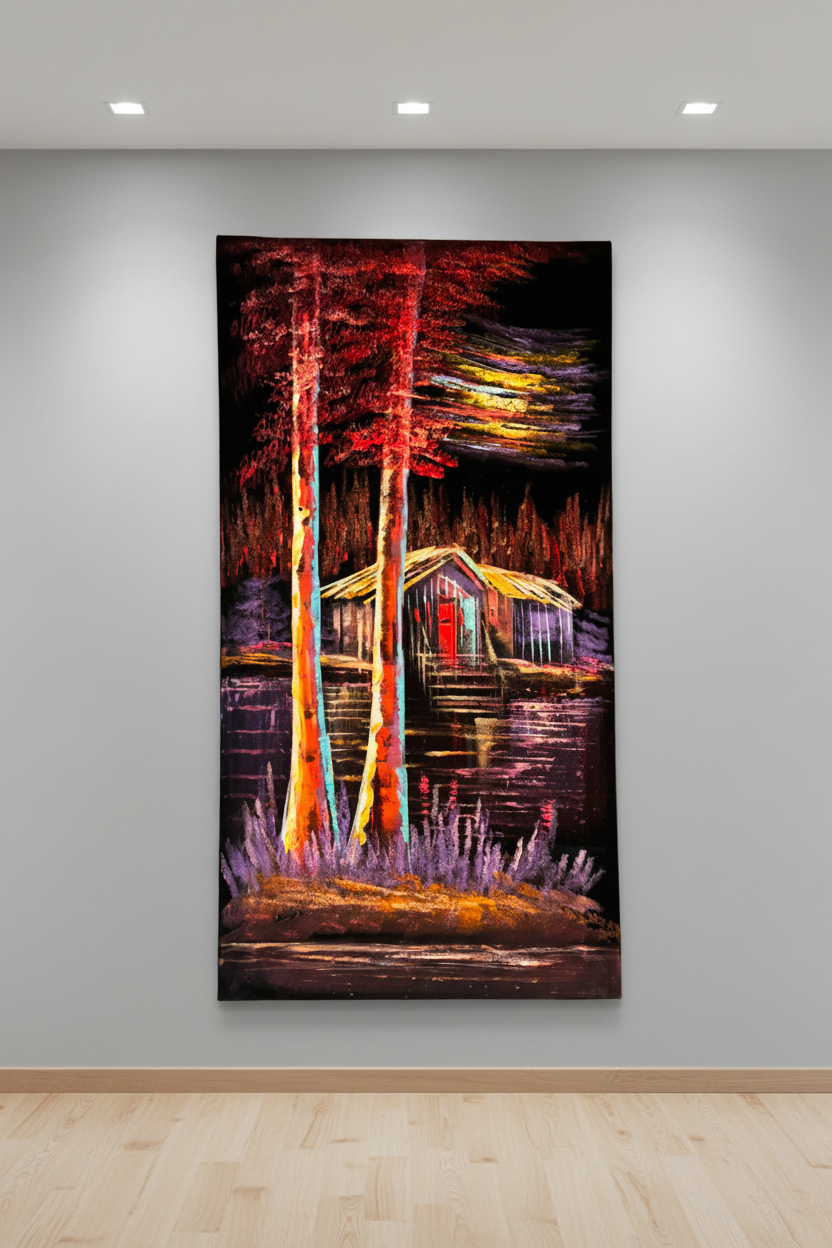 Red Forest Cabin painting displayed in modern hallway interior setting