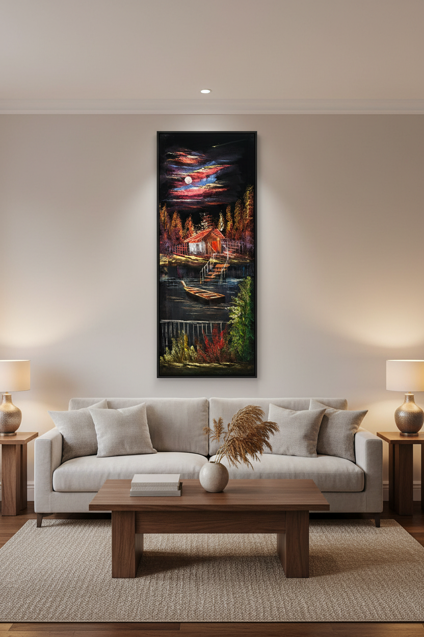 Moonlit lakeside cabin painting displayed as statement piece in luxury living room