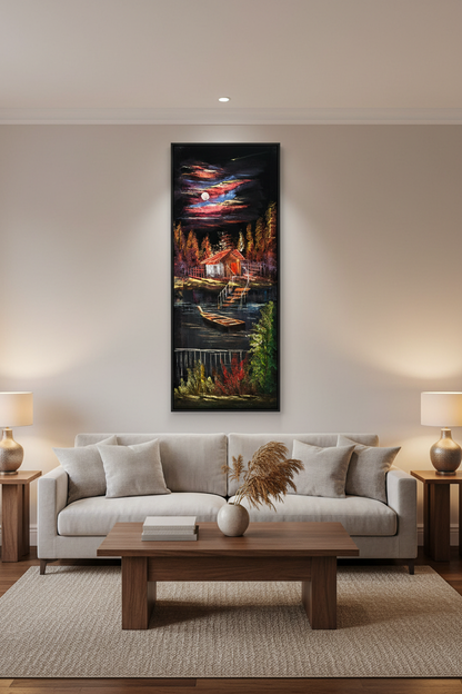 Moonlit lakeside cabin painting displayed as statement piece in luxury living room