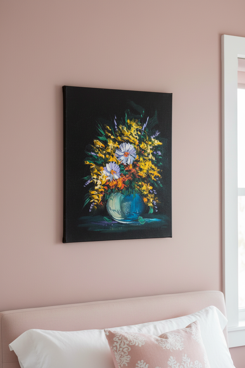 Floral Bouquet in Teal Vase oil painting on dusty rose blush pink wall in bright feminine bedroom — no frame, romantic lifestyle art photography