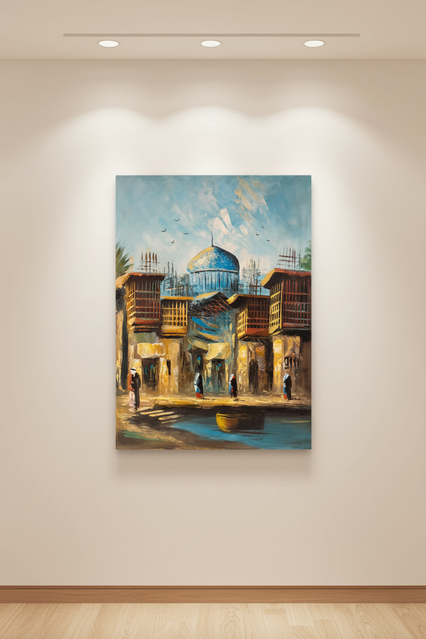 Original oil painting hung centered on a clean empty white interior wall, no frame, canvas only