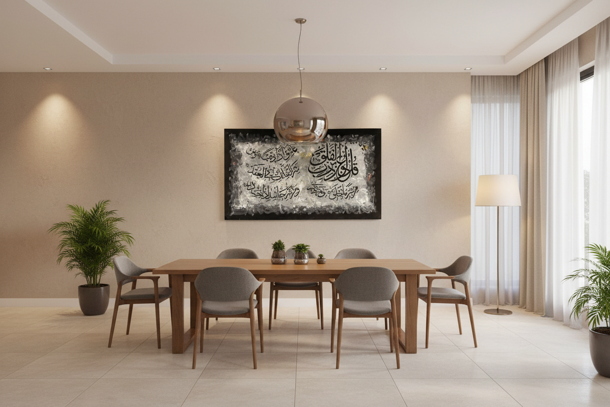 Surah Al-Falaq silver metallic canvas displayed in open area dining room