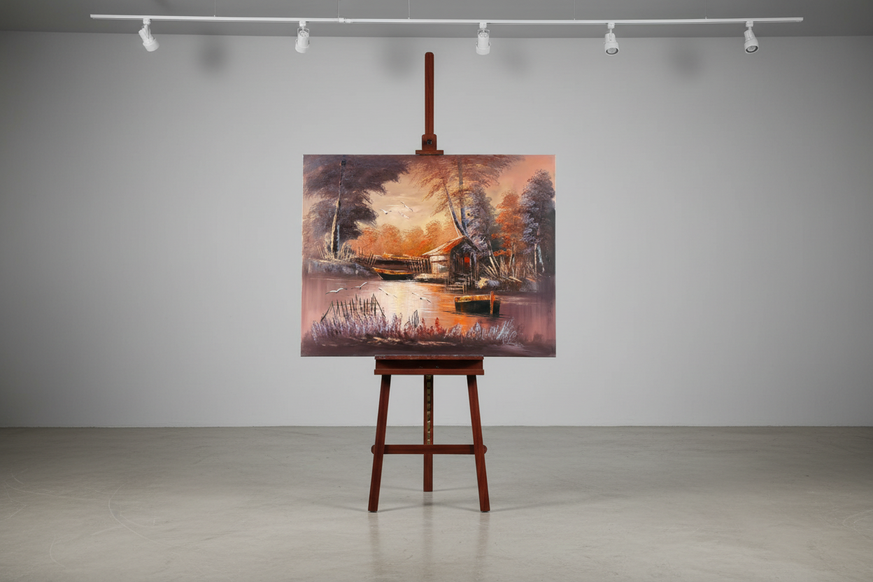 Twilight boatyard original oil painting displayed on a wooden easel art stand — frameless gallery presentation