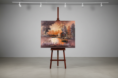 Twilight boatyard original oil painting displayed on a wooden easel art stand — frameless gallery presentation