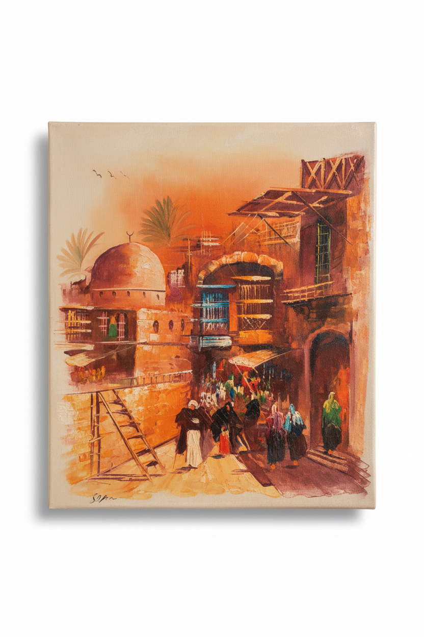 Old city street dome oil painting isolated on white background with drop shadow, no frame, raw portrait canvas edges